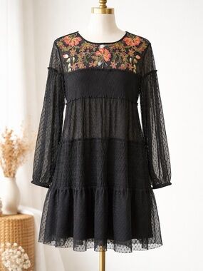 Maeve Anthropologie Black Cheer Embroidery Swiss Dot Baby Doll Dress XL